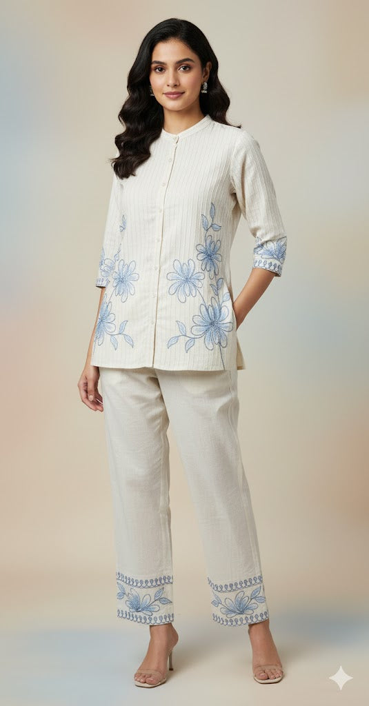 Off-White Floral Blue Embroidery Co-Ord Set