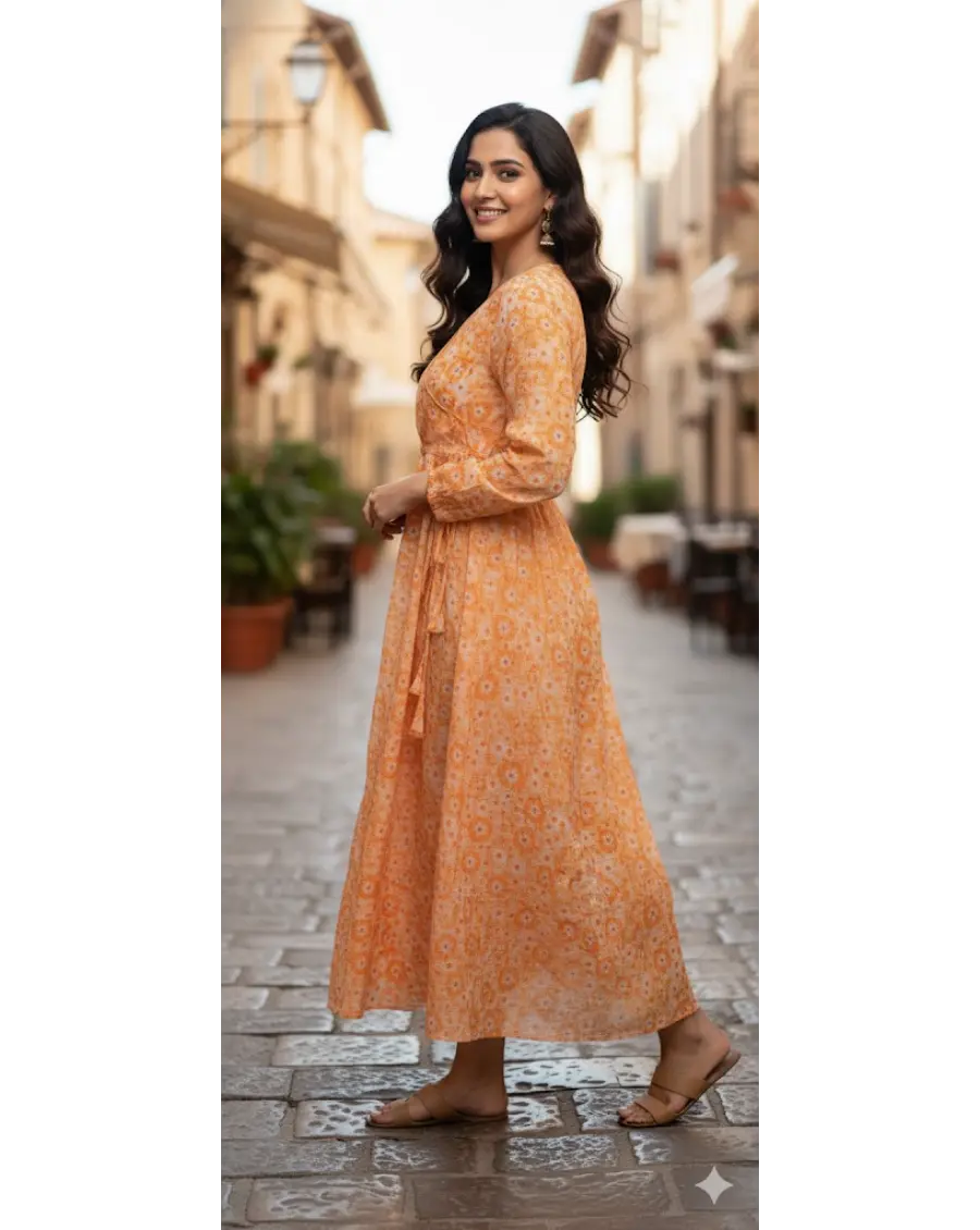Orange Angrakha Style Kota Doria Dress