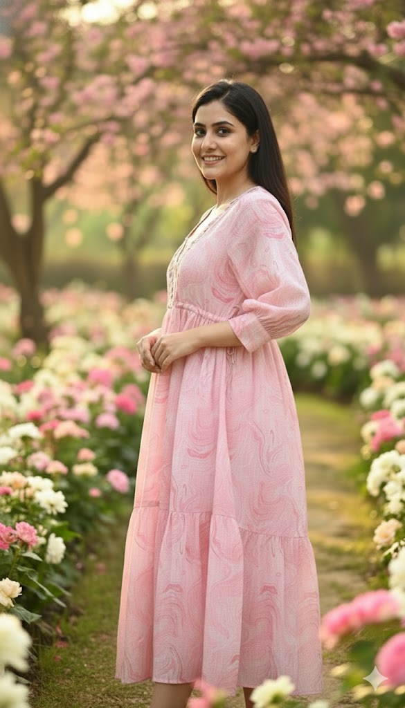 Pink Kota Doria Marble Mid-Lenght Dress with V-Neck