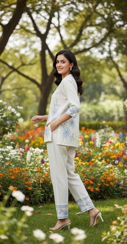 Off-White Floral Blue Embroidery Co-Ord Set