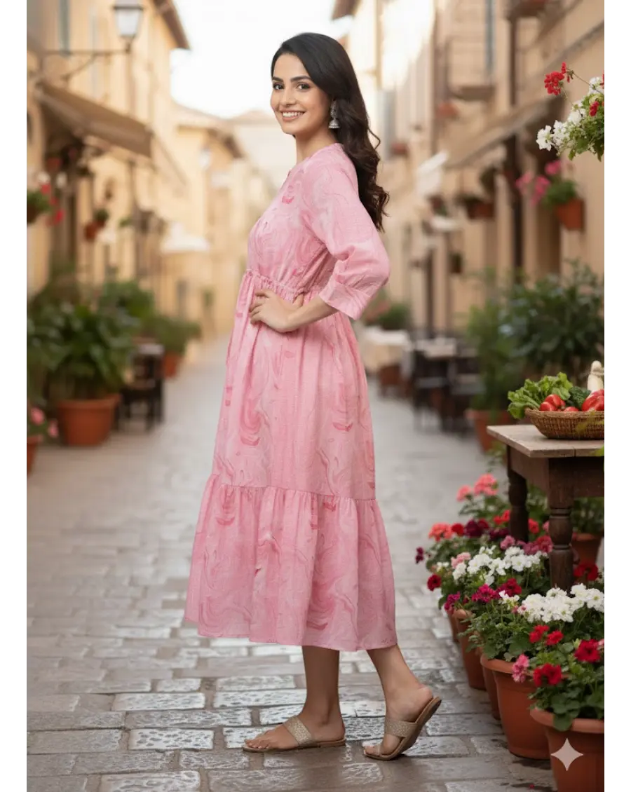 Pink Kota Doria Marble-Print Midi Dress