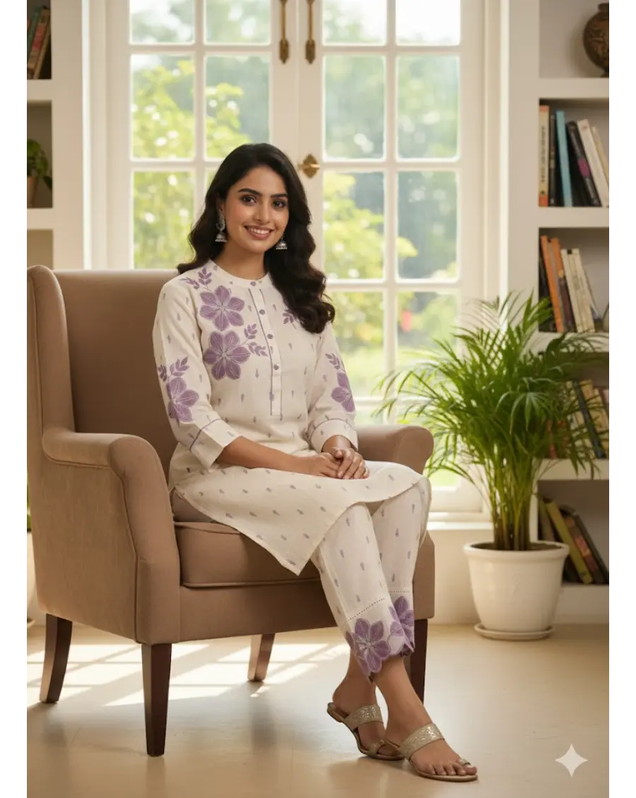 Women Off White-Purple Floral Embroidery Cotton Co-ords Set