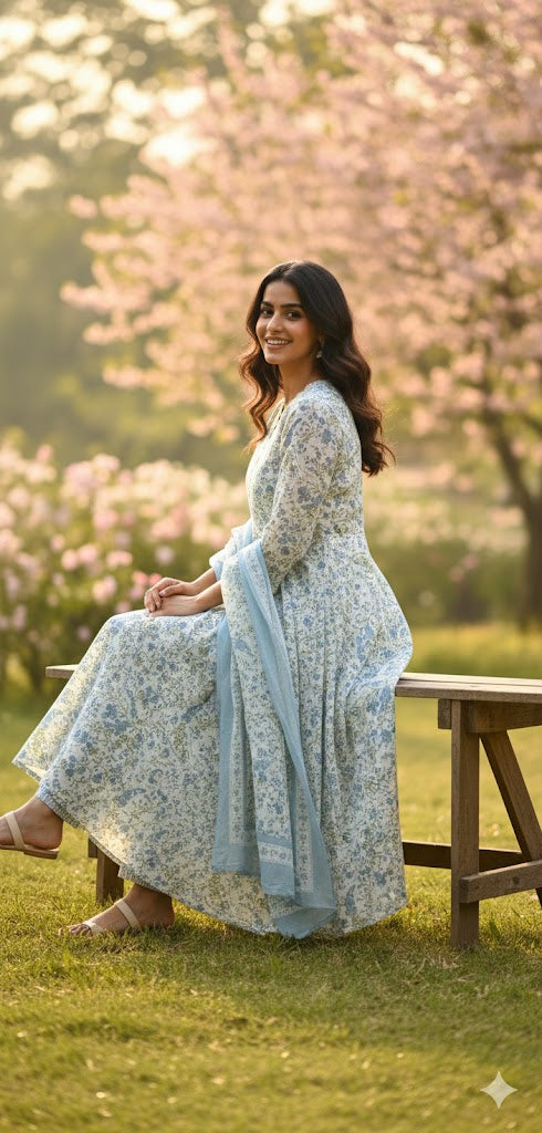 Women Cream Blue Sanganeri  Anarkali Cotton Suit