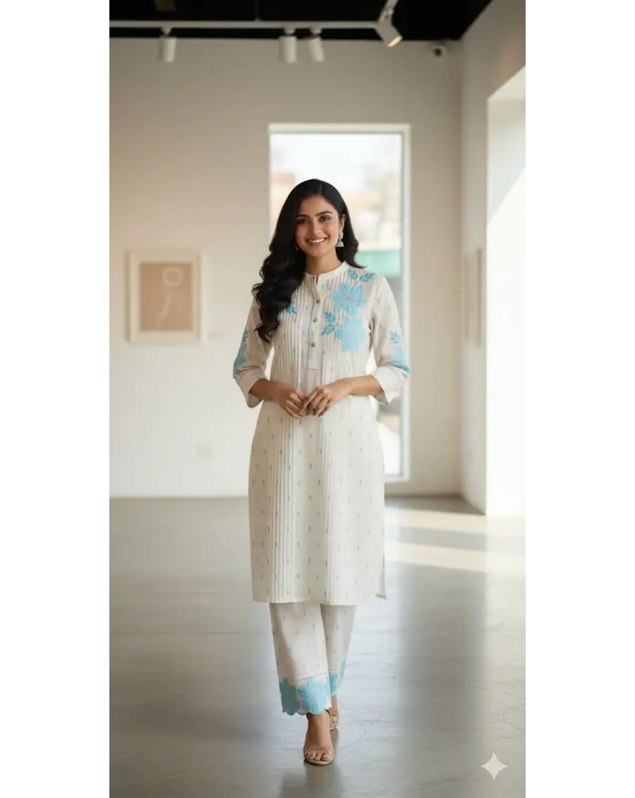 Women Off White -Blue Floral Embroidery Cotton Co-ord set