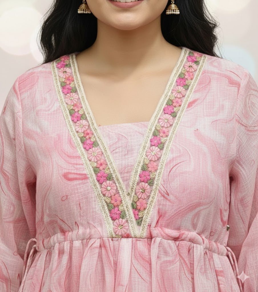 Pink Kota Doria Marble Mid-Lenght Dress with V-Neck