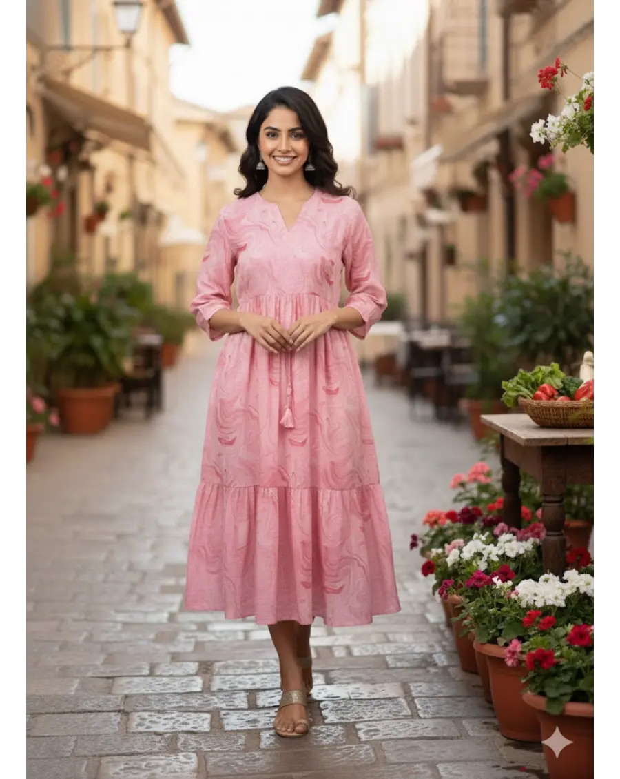 Pink Kota Doria Marble-Print Midi Dress