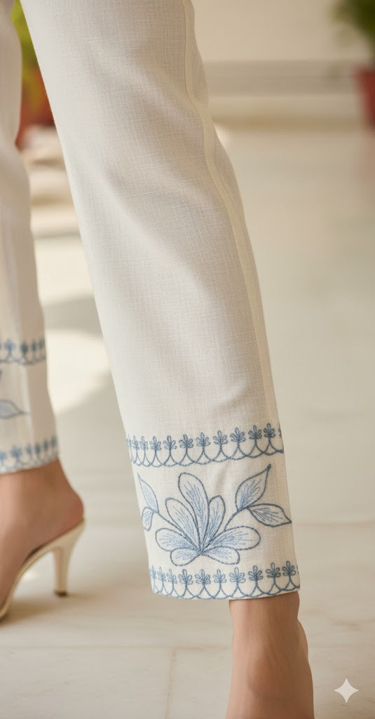 Off-White Floral Blue Embroidery Co-Ord Set