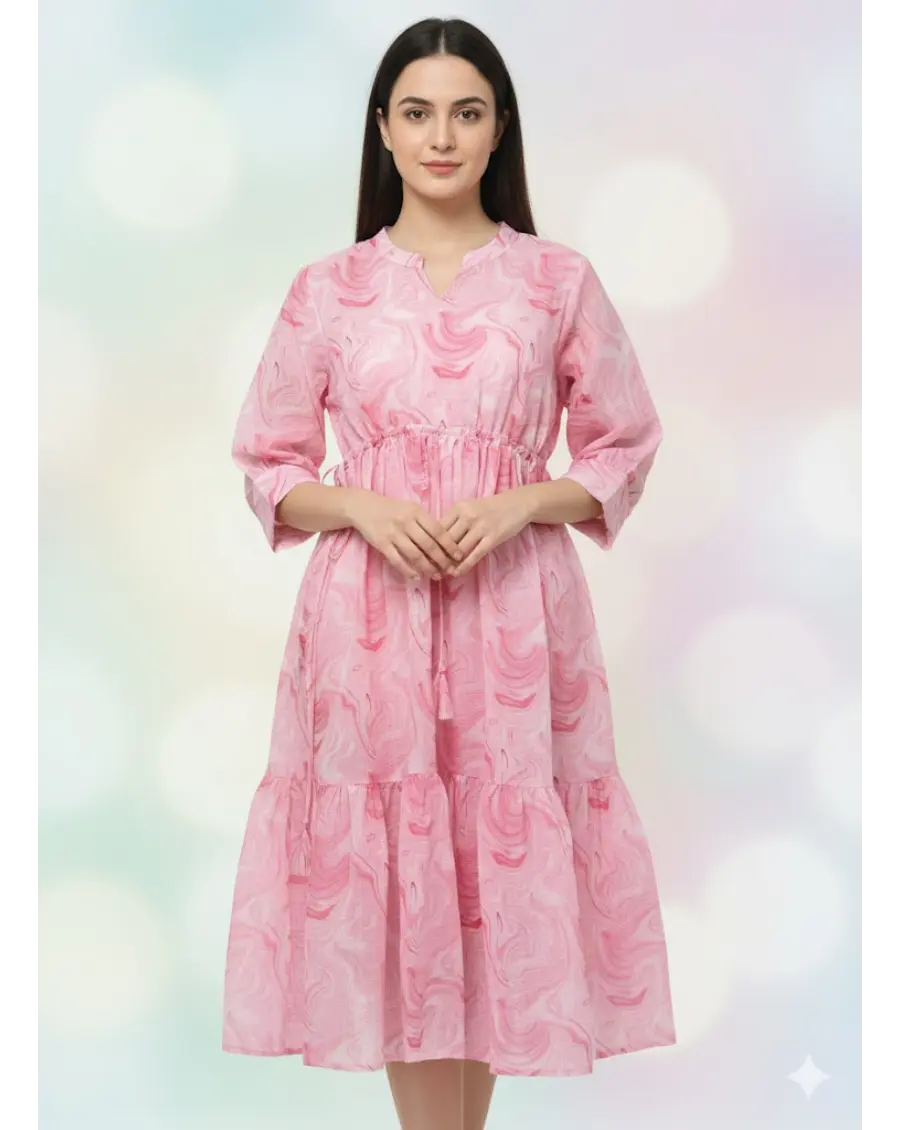 Pink Kota Doria Marble-Print Midi Dress