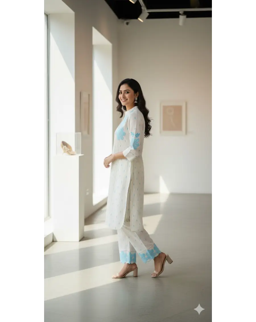 Women Off White -Blue Floral Embroidery Cotton Co-ord set