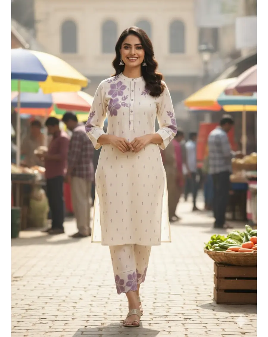 Women Off White-Purple Floral Embroidery Cotton Co-ords Set