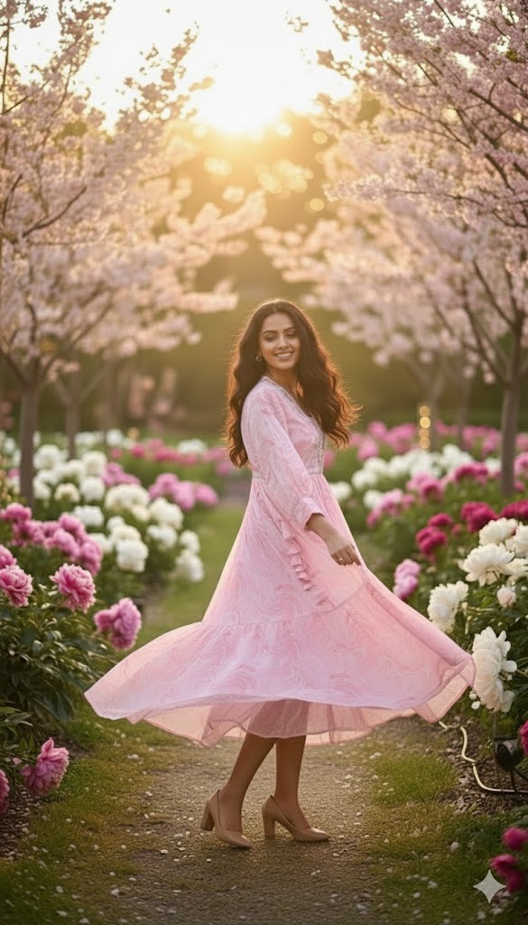 Pink Kota Doria Marble Mid-Lenght Dress with V-Neck