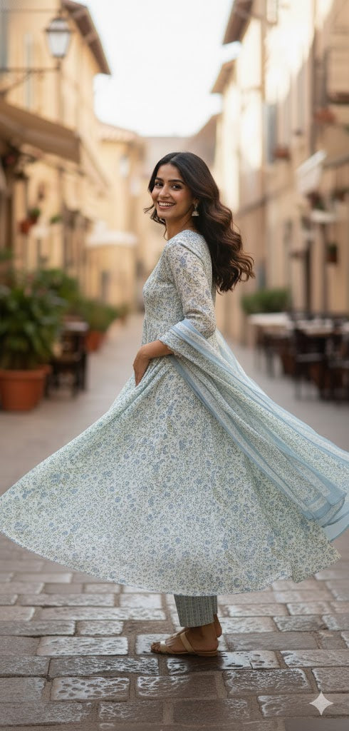 Women Cream Blue Sanganeri  Anarkali Cotton Suit