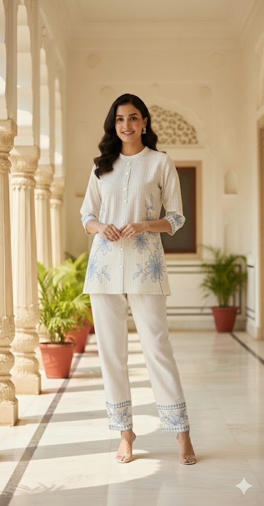 Off-White Floral Blue Embroidery Co-Ord Set