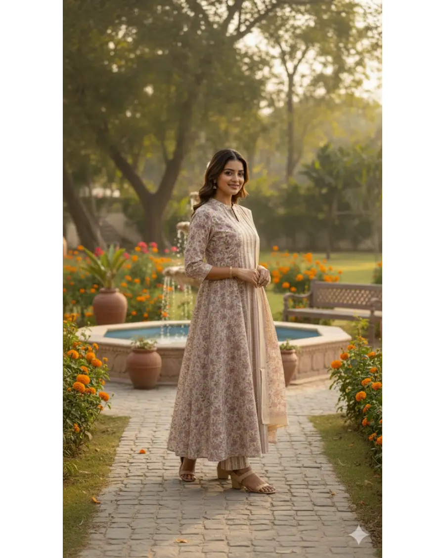 Women Pink Beige Cotton Sanganeri print suit