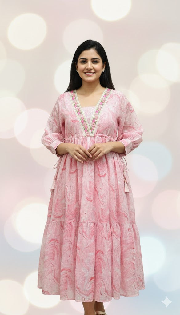 Pink Kota Doria Marble Mid-Lenght Dress with V-Neck