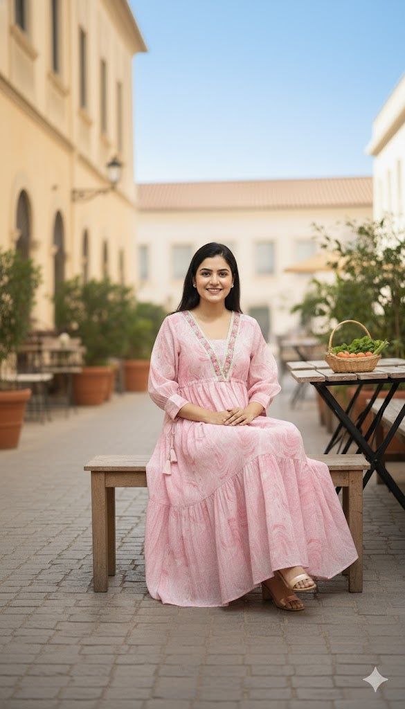 Pink Kota Doria Marble Mid-Lenght Dress with V-Neck