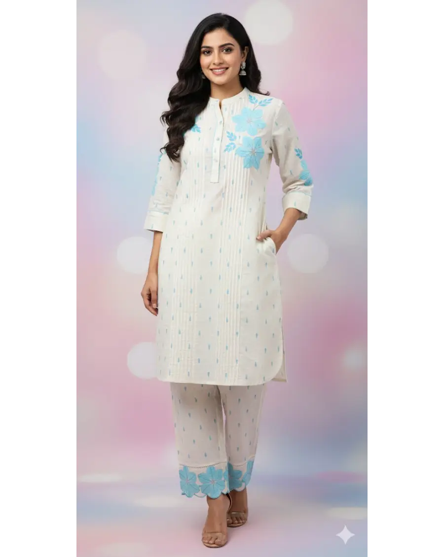 Women Off White -Blue Floral Embroidery Cotton Co-ord set