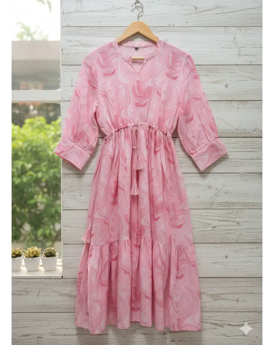 Pink Kota Doria Marble-Print Midi Dress