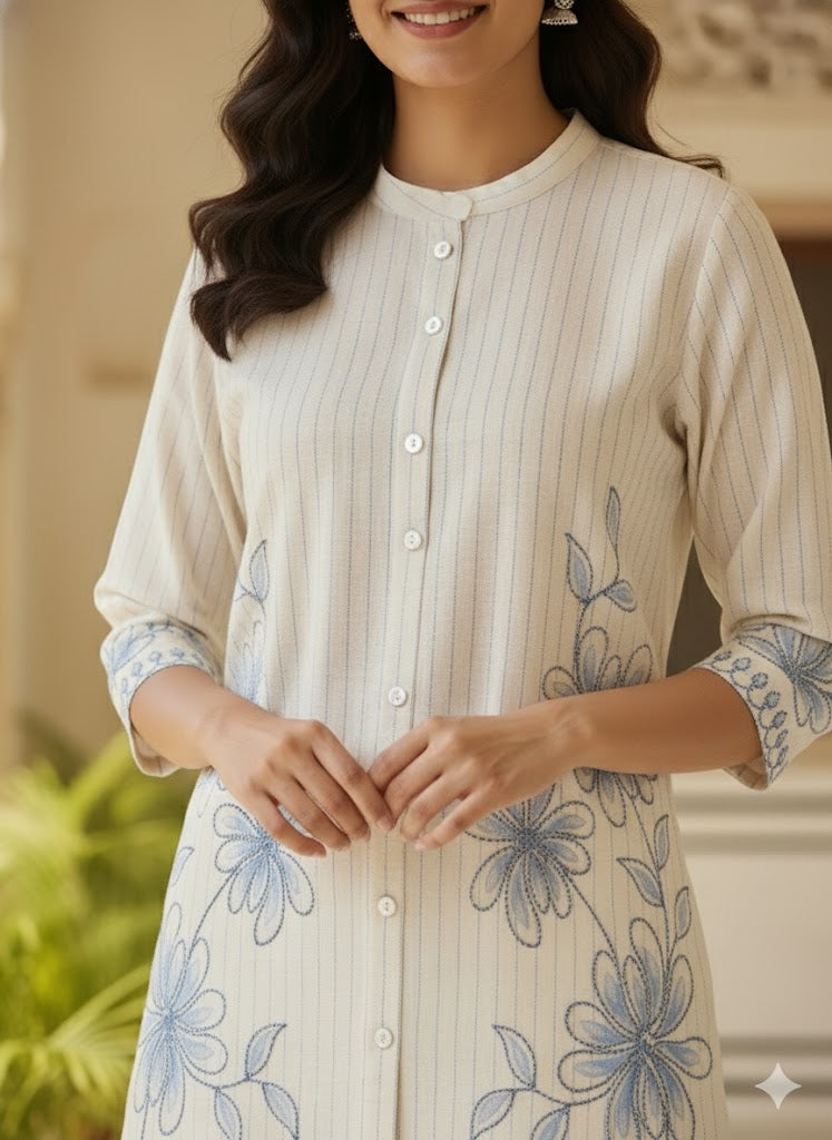 Off-White Floral Blue Embroidery Co-Ord Set