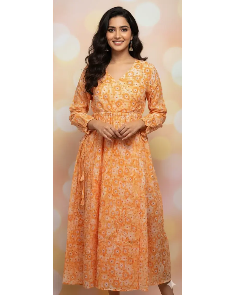 Orange Angrakha Style Kota Doria Dress