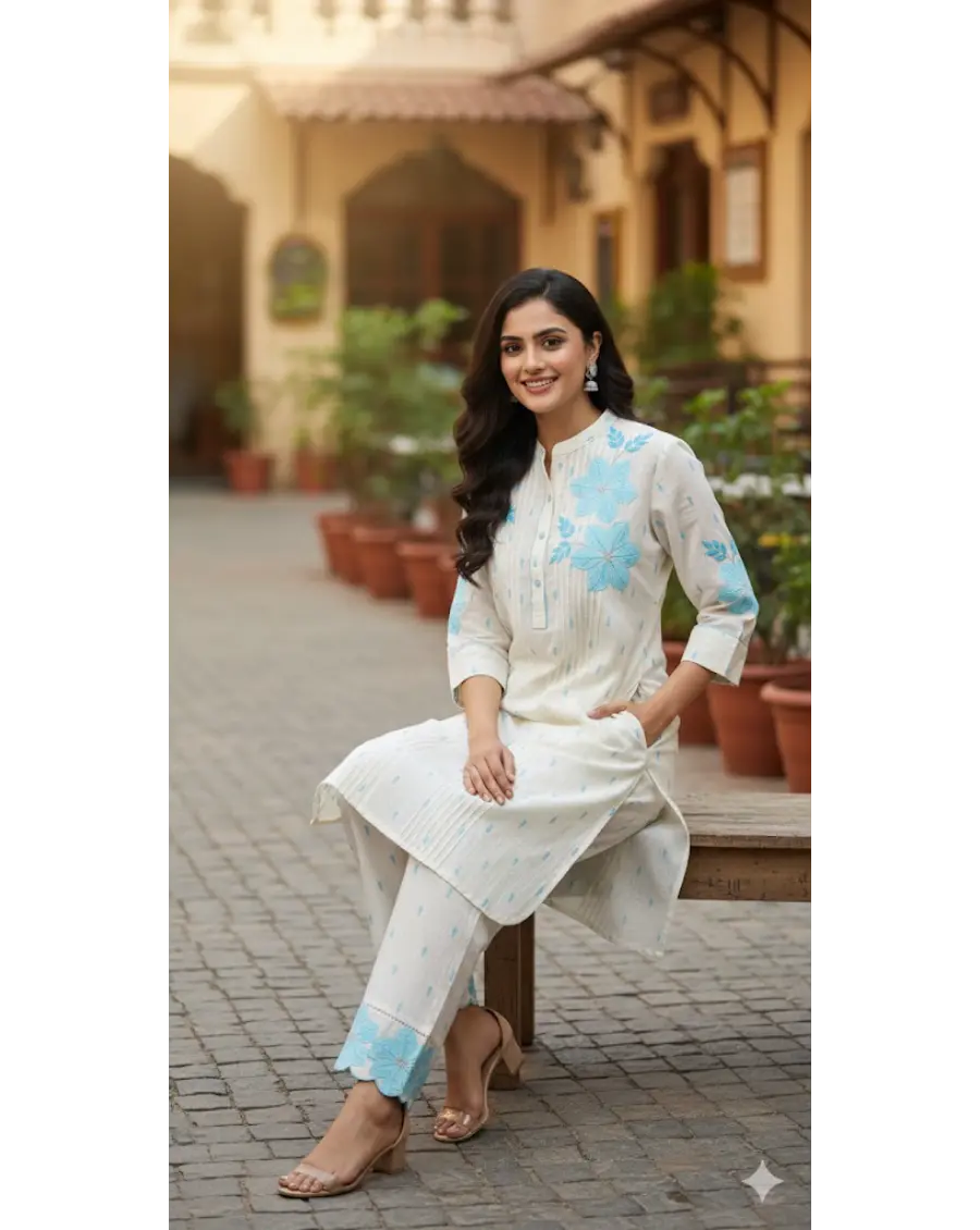 Women Off White -Blue Floral Embroidery Cotton Co-ord set