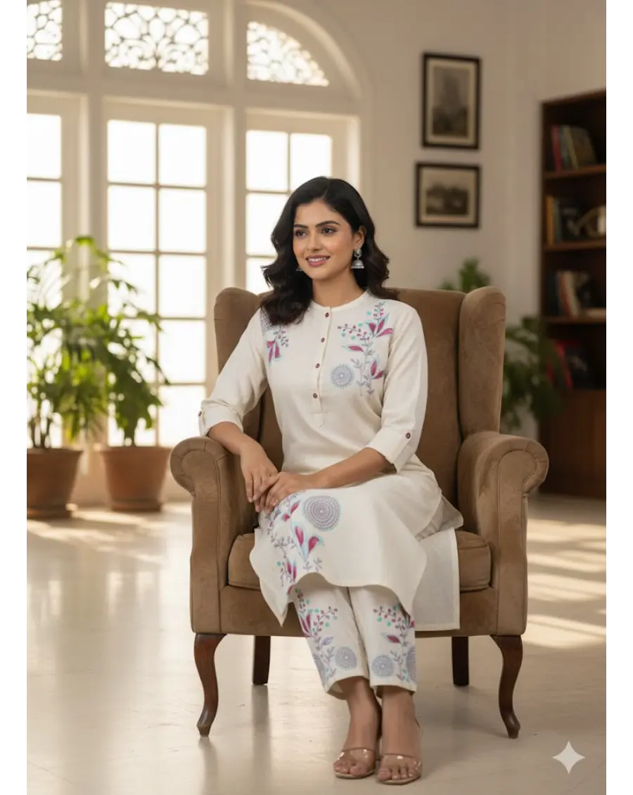 Off White Embroidered Co-Ord Set