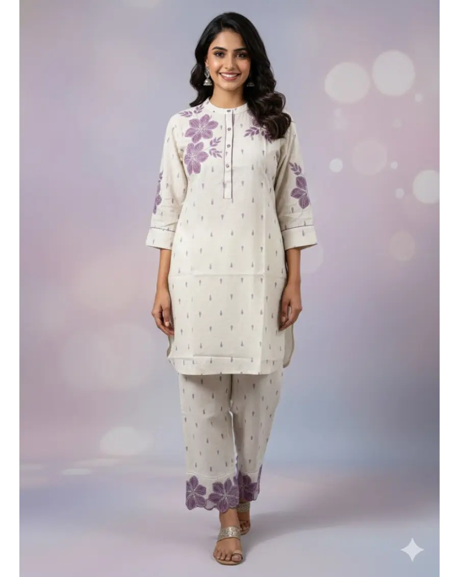 Women Off White-Purple Floral Embroidery Cotton Co-ords Set