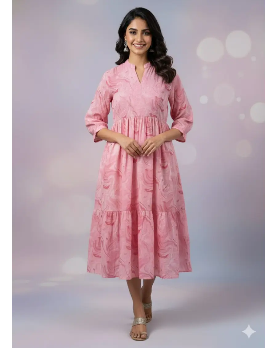 Pink Kota Doria Marble-Print Midi Dress