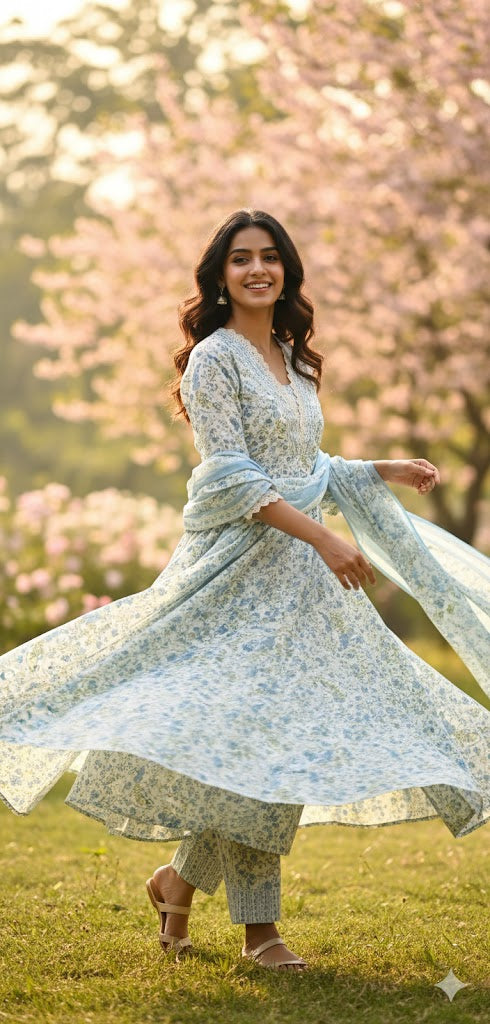 Women Cream Blue Sanganeri  Anarkali Cotton Suit