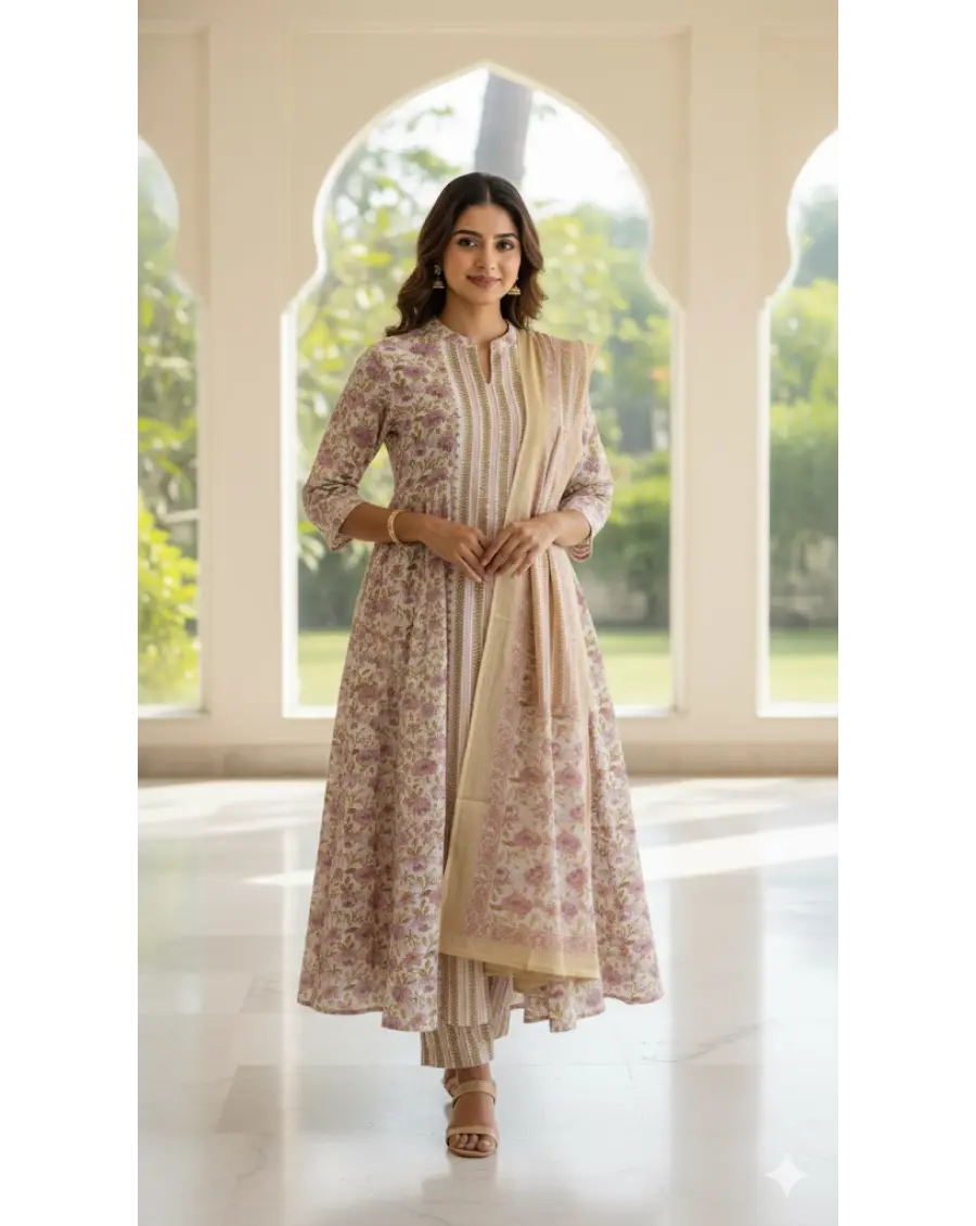 Women Pink Beige Cotton Sanganeri print suit