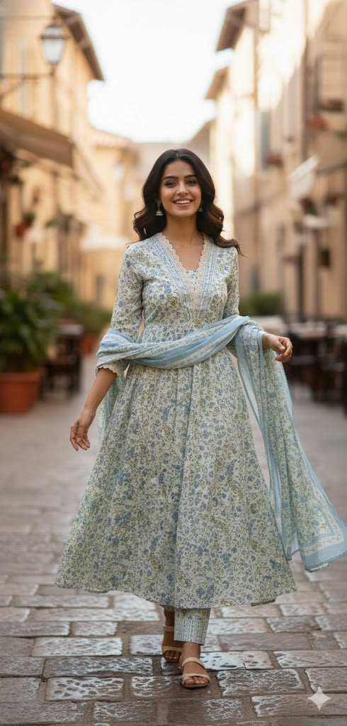 Women Cream Blue Sanganeri  Anarkali Cotton Suit