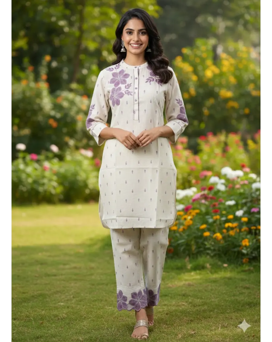 Women Off White-Purple Floral Embroidery Cotton Co-ords Set