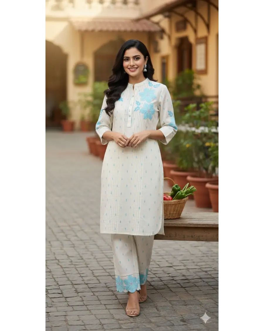 Women Off White -Blue Floral Embroidery Cotton Co-ord set