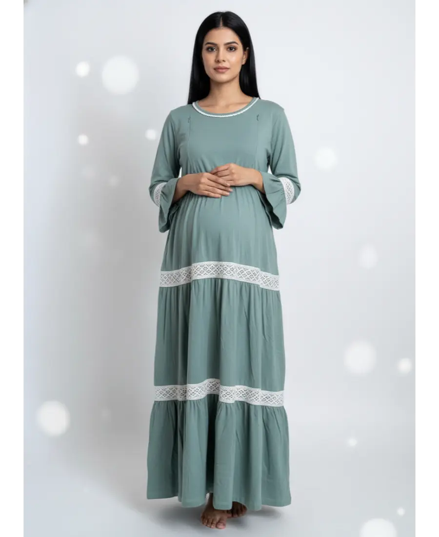 Women 3/4th sleeves Ultra Soft Cotton Maternity Maxi-Sage Green