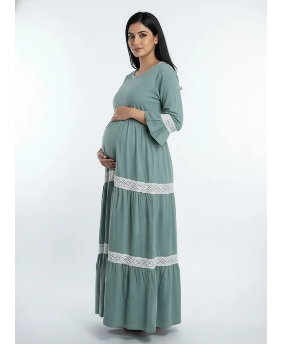 Pack of 2-Women  3/4th Sleeves Ultra Soft Cotton Maternity Maxi-Blue+Sage Green