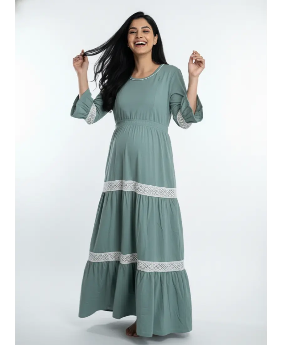 Women 3/4th sleeves Ultra Soft Cotton Maternity Maxi-Sage Green