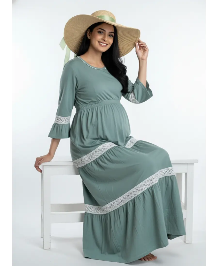 Women 3/4th sleeves Ultra Soft Cotton Maternity Maxi-Sage Green