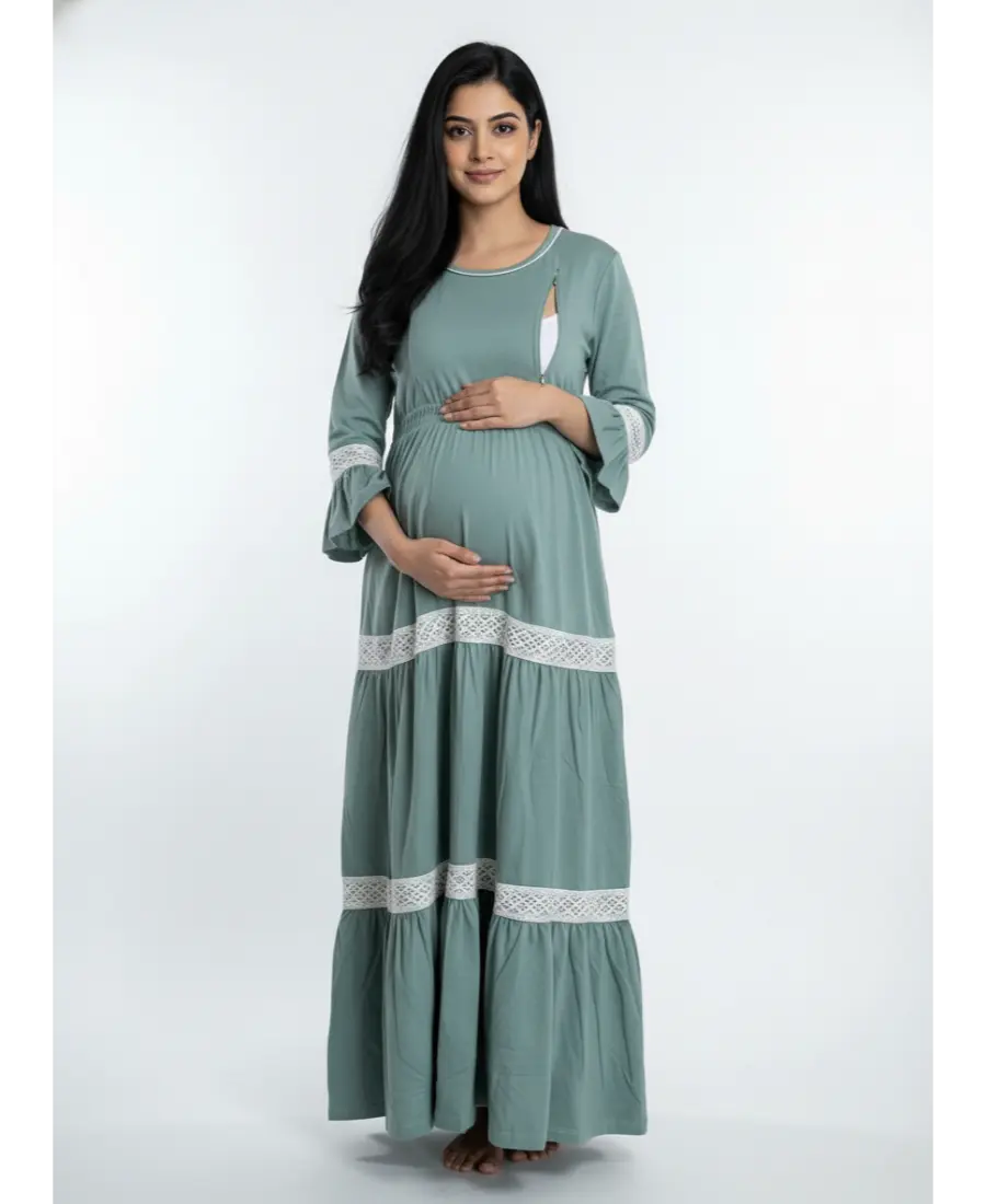 Women 3/4th sleeves Ultra Soft Cotton Maternity Maxi-Sage Green