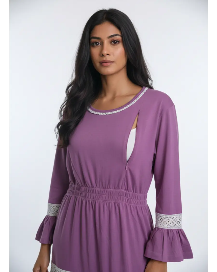 Women 3/4th sleeves Ultra Soft Cotton Maternity Maxi-Purple