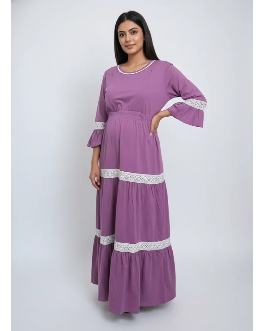 Women 3/4th sleeves Ultra Soft Cotton Maternity Maxi-Purple