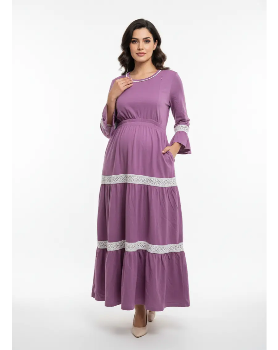 Women 3/4th sleeves Ultra Soft Cotton Maternity Maxi-Purple