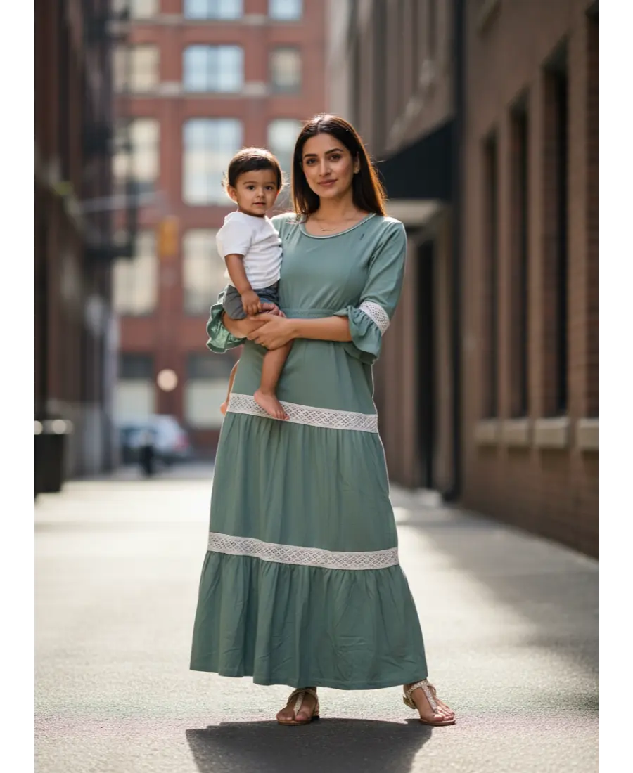 Women 3/4th sleeves Ultra Soft Cotton Maternity Maxi-Sage Green