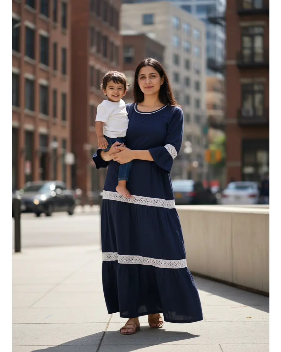 Women 3/4th sleeves Ultra Soft Cotton Maternity Maxi- Royal Blue