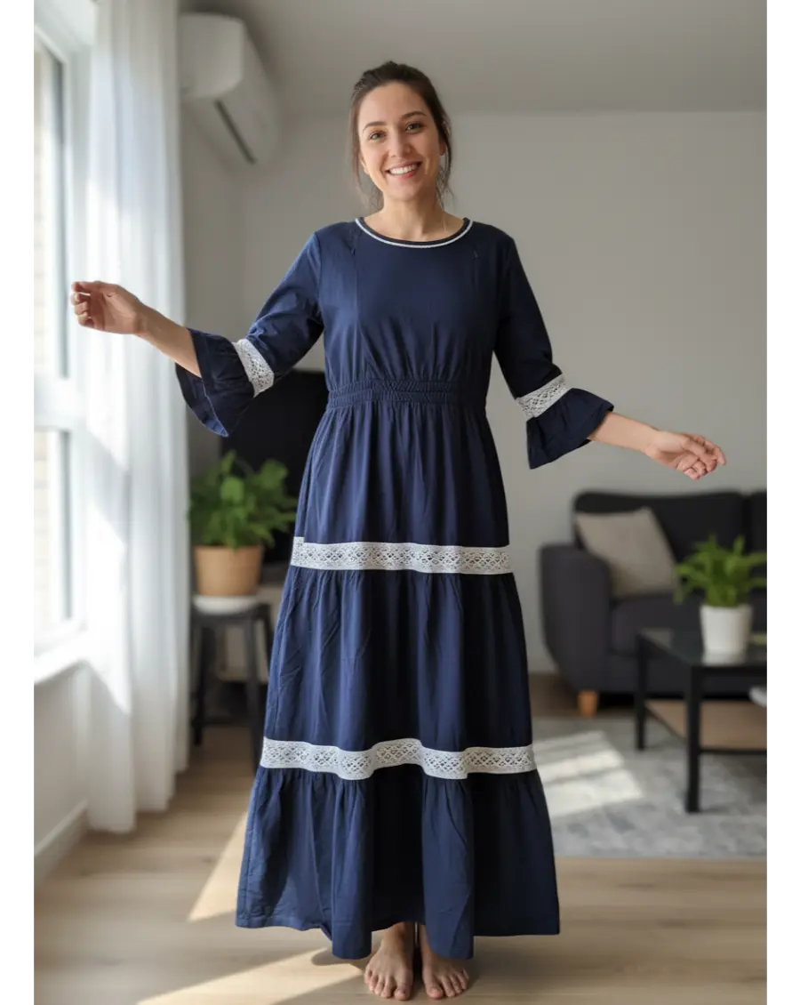 Women 3/4th sleeves Ultra Soft Cotton Maternity Maxi- Royal Blue