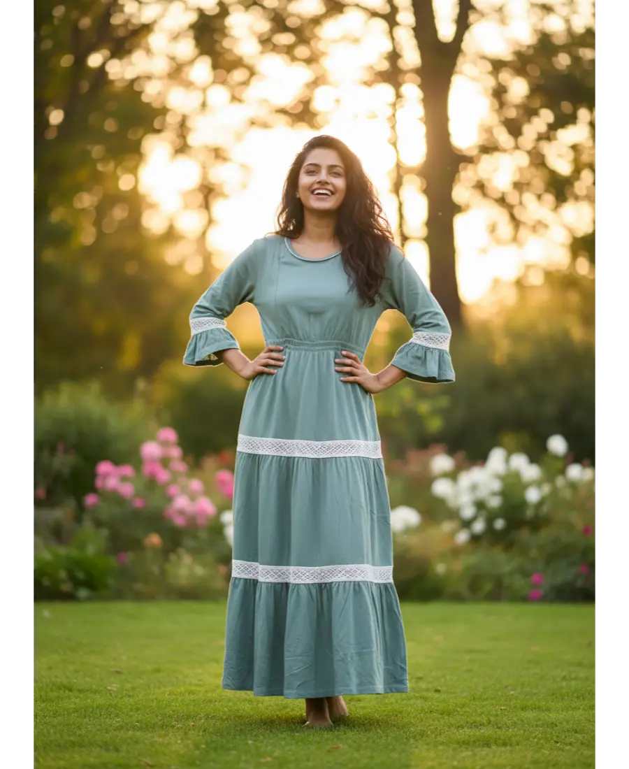 Women 3/4th sleeves Ultra Soft Cotton Maternity Maxi-Sage Green