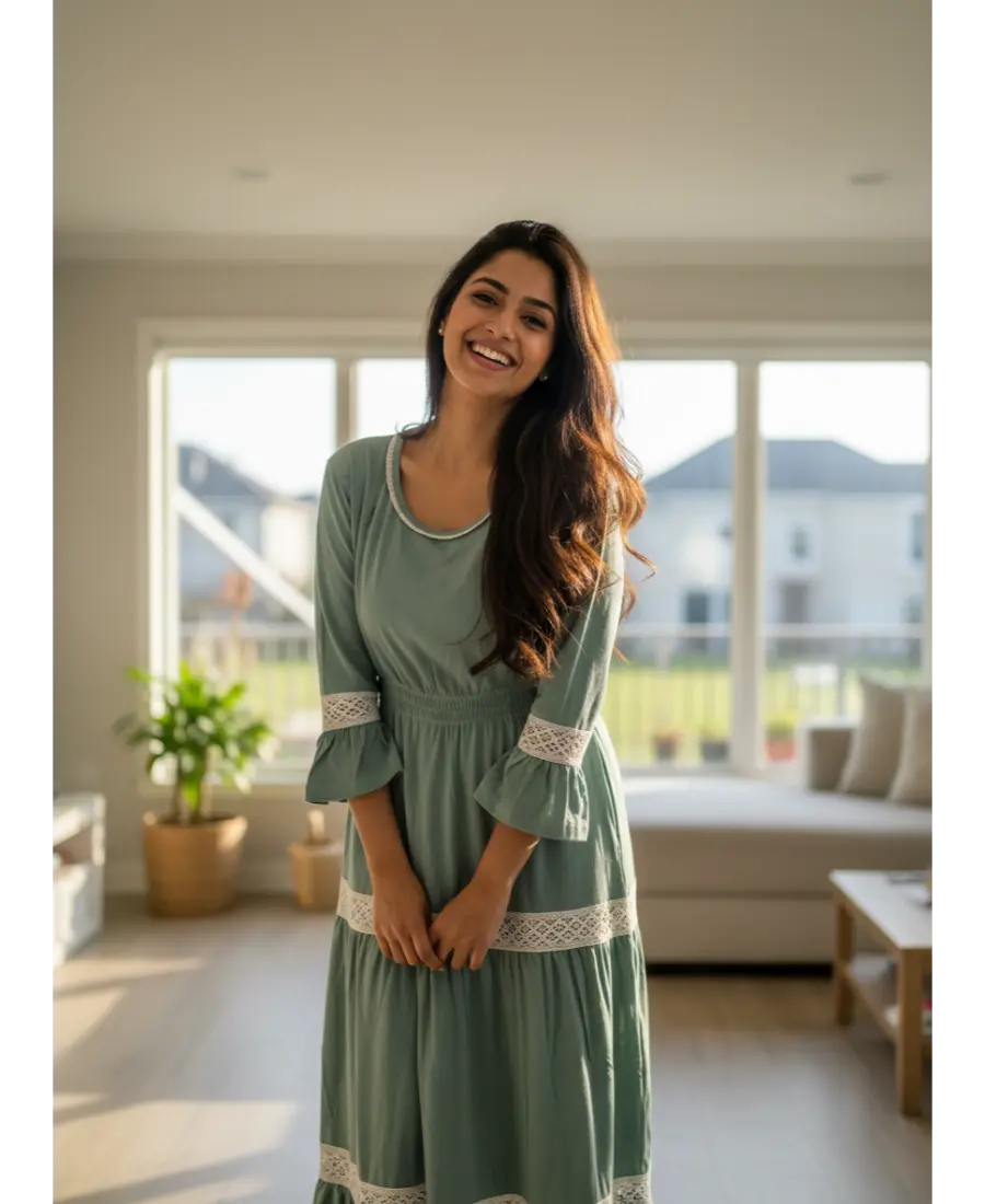 Women 3/4th sleeves Ultra Soft Cotton Maternity Maxi-Sage Green