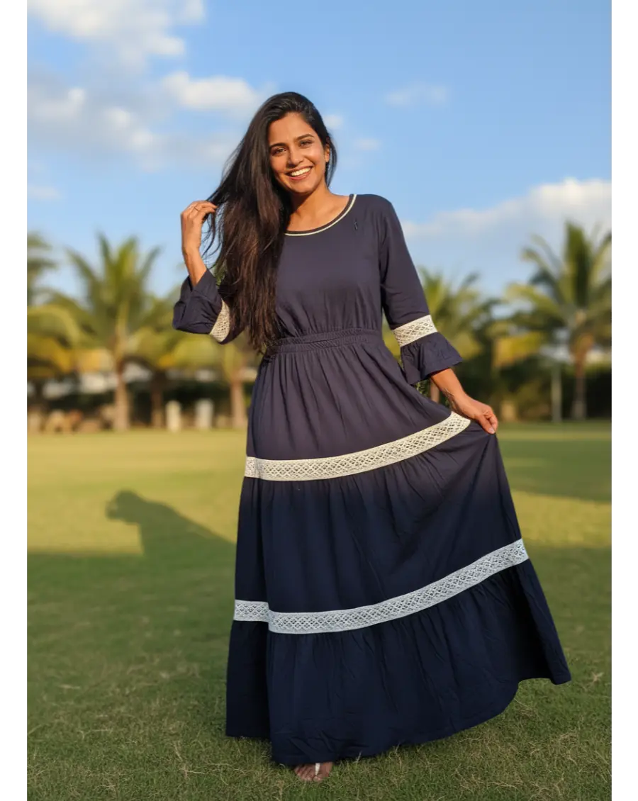 Women 3/4th sleeves Ultra Soft Cotton Maternity Maxi- Royal Blue