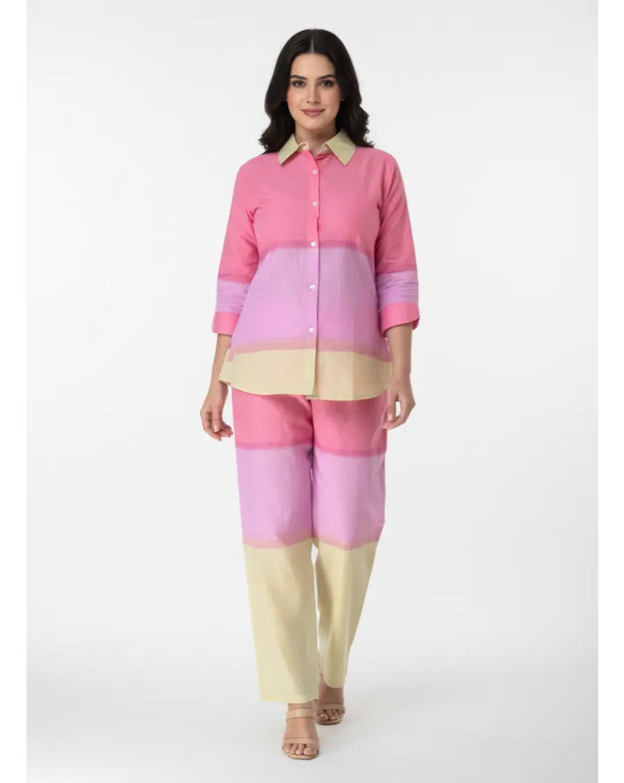 Cambric Cotton Breathable Ombre Co-ord Set- Pink