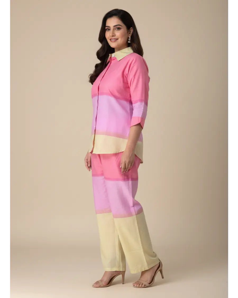 Cambric Cotton Breathable Ombre Co-ord Set- Pink