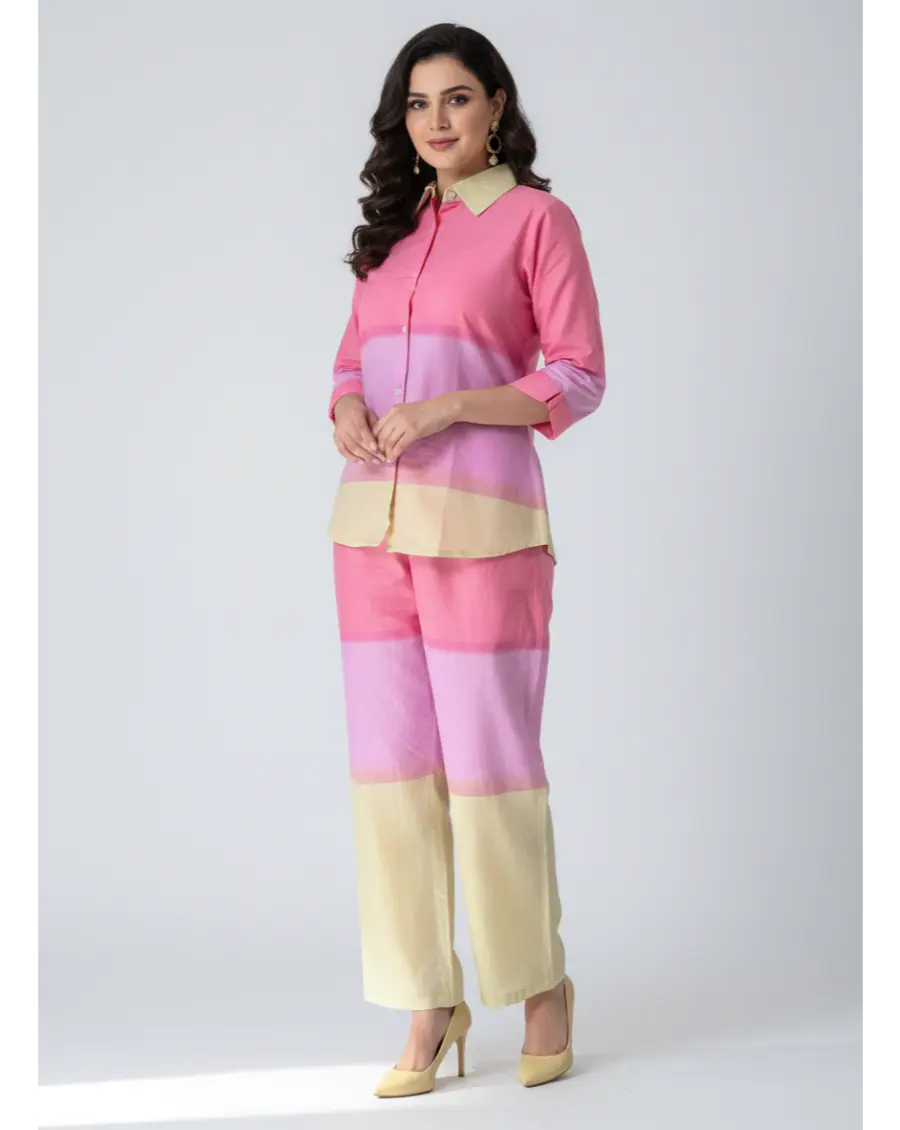 Cambric Cotton Breathable Ombre Co-ord Set- Pink